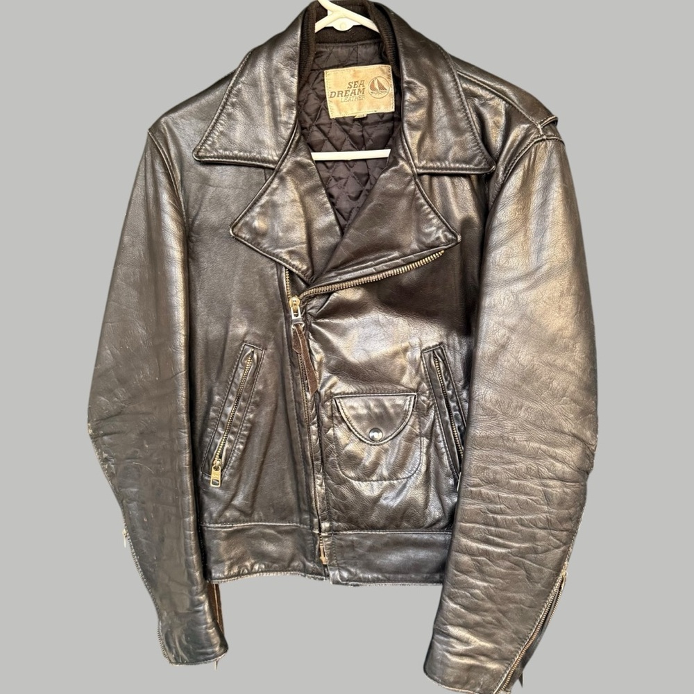 Sea Dream Leather Broken-In Black Asymmetrical Motorcycle Biker Jacket Short 38